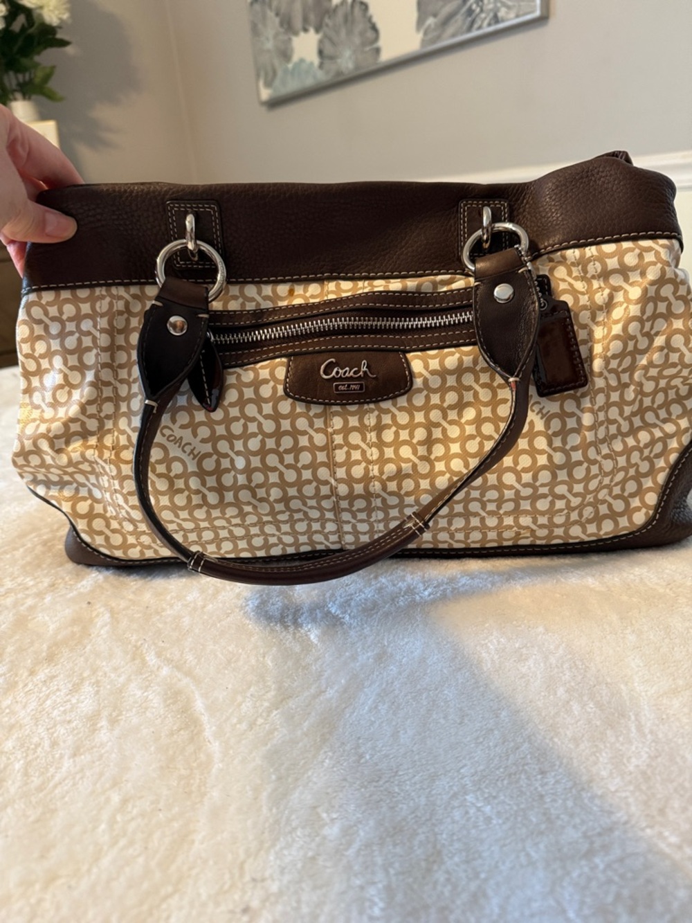 Coach Brown Leather-Trim Signature Shoulder Bag